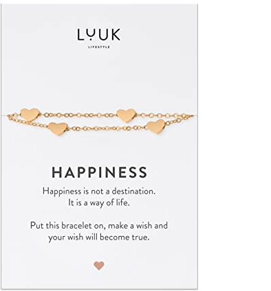 LUUK LIFESTYLE Moderne Edelstahl Damen Armbänder mit Anhänger, HAPPINESS Spruchkarte, filigraner Damenschmuck, Geschenkidee, Glücksbringer, Gold, Silber und Roségold