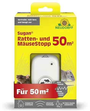 Neudorff Sugan Ratten- und MäuseStopp 50 m² - Ultraschall vertreibt Ratten und Mäuse sofort und dauerhaft aus Haus, Keller und Garage. Anti Gewöhnungseffekt, 1 Stück, Weiß