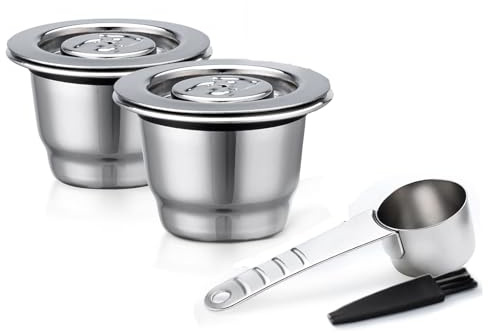 Capsule de Café Réutilisable en Acier Inoxydable pour Nespresso - Filtre Rechargeable avec Cuillère et Pinceau (2 Capsules)