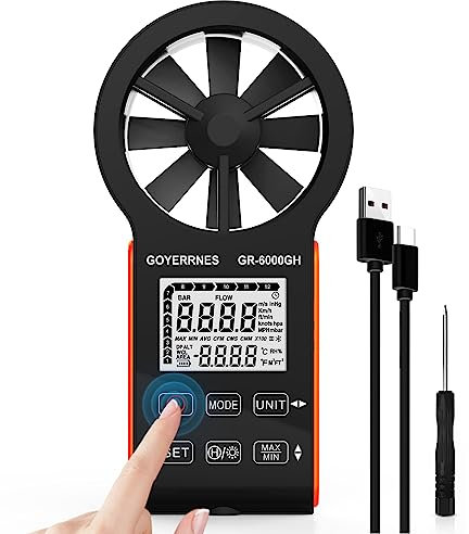Handheld Anemometer,GR-6000GH Digital Wind Speed CFM Meter Gauge Anti interference touch button Portable Air flow meter Measuring Air Speed Air Volume Temperature for HVAC Vents,Boat Sailing,Shooting