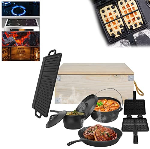 HENGMEI Dutch Oven Set 12 Pièces Dans une Caisse en Bois, Accessoires de Barbecue, Marmite en Fonte Cuite au Four, Gaufrier en Fonte, Plaque de Gril, avec Pieds & Couvercle