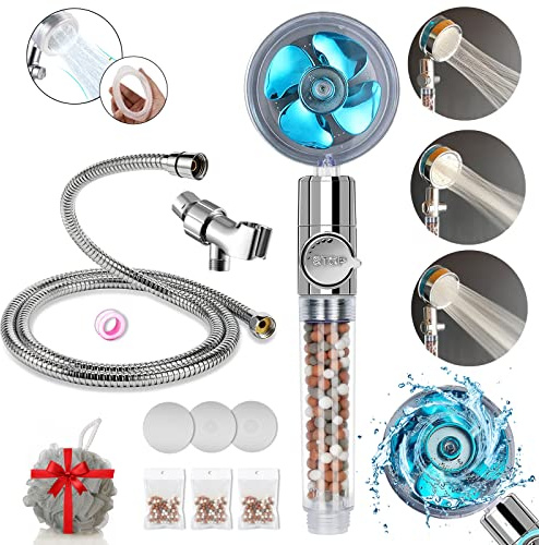 Hydro Jet High Pressure Shower Head Handheld Filtered Shower Head with Filter Beads Turbocharged Shower Head Kit with Replacement Hose/Bracket/Bead Filters and Bath Loofah-Blue