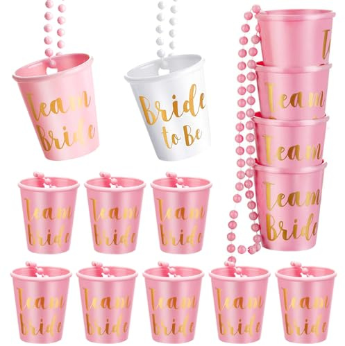 Aoreun 14 Stück Braut Kunststoff Tassen, Team Braut Halskette Goldfolie Becher zum Umhängen, Bachelorette Party Cups für Junggesellenabschied, Hochzeit Dekorationen Accessoires