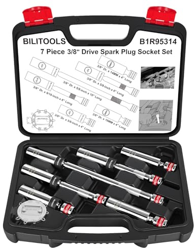 BILITOOLS 7 Piece Magnetic Swivel Spark Plug Socket Set with Gap Tool, 3/8-Inch Drive, 9/16'', 5/8'', 14mm, 16mm, 6 & 12 Point, CR-V