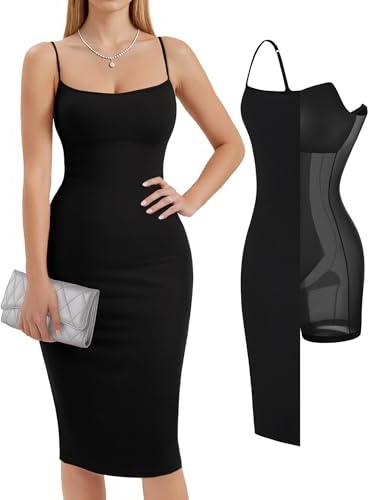 Popilush Shapewear Dress Bodycon Midi Dress Built-in Bra Summer Casual Tummy Control Slip Dress with Adjustable Straps Black
