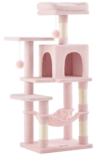 Feandrea Rascador para Gatos, Árbol para Gatos, Altura 112 cm, Torre con 4 Postes, 2 Plataformas, 1 Cueva, 1 Hamaca, 2 Pompones, Tela de Felpa, Multinivel, Rosa Caramelo PCT261P01