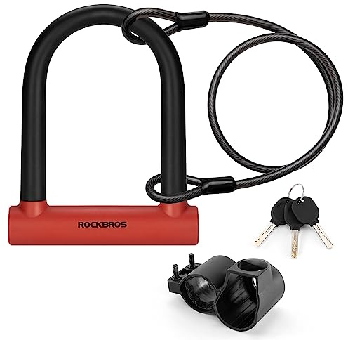 ROCKBROS Candado en U con Soporte de Montaje y 1,2 M Cable para Bicicleta | Alta Seguridad Antirrobo para Bicicleta Motocicleta Scooter Puertas, Rojo