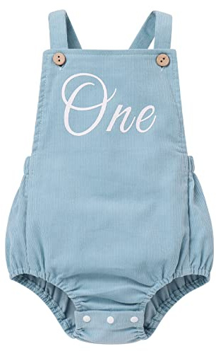 Baby M?dchen Jungen 1. Erster Geburtstag Outfit Cord Bubble Strampler Knopf Tr?ger R?ckenfrei Body L?tzchen Overall Jumpsuit Playsuit Ein Jahr alt Party Fotoshooting Freizeitkleidung Blau 6-12 Monate