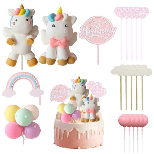 20 Stück Regenbogen-Pferd-Kucheneinsätze, Happy Birthday-Kuchendekoration, Wiederverwendbar, Geburtstagsdekoration für Mädchen und Jungen (Rosa)