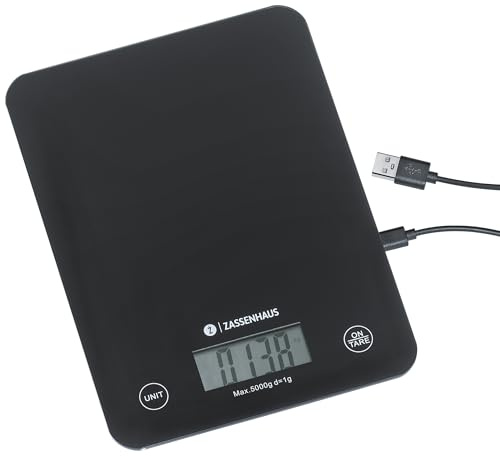 Zassenhaus Balance de cuisine numérique Balance - Fonction de charge USB - 5 kg/1 g - Fonction tare - Particulièrement plate - Panneau de commande tactile