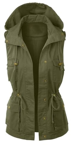Runstarshow Gilet med huva för kvinnor, Storbritannien, damvästar, ärmlös cargoväst damväst med huva, ärmlös anorakjacka, lätta ytterkläder med dragsnöre, fickor plus size, S-5XL/8-26, Armégrönt, 40