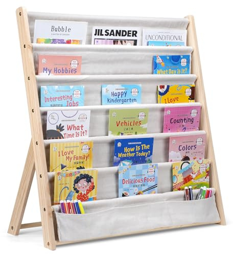 SINBINTA Estantería para niños de 6 niveles, estantería de almacenamiento, estantería expositora, fácil acceso, organizador de libros de madera con bolsillo para habitación infantil y sala de juegos