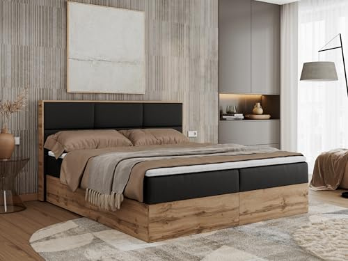 MKS MEBLE Boxspringbett Albero 2-180x200 cm mit Bettkasten, Kontinentalbett/Doppelbett, 2X 7-Zonen Taschenfederkern-Matratze H4, Topper T25, Kopfteil, Schwarz Kunstleder Holzoptik Wotan Eiche