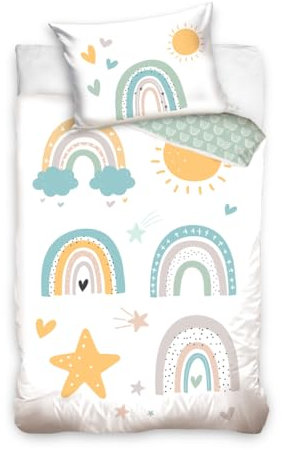 Kinderbettwäsche 100x135 aus 100% Baumwolle - Bettwäsche für Kinder & Baby Regenbogen, Sonne - Fröhliche Boho Babybettwäsche für Mädchen & Jungen, 40x60 + 100x135