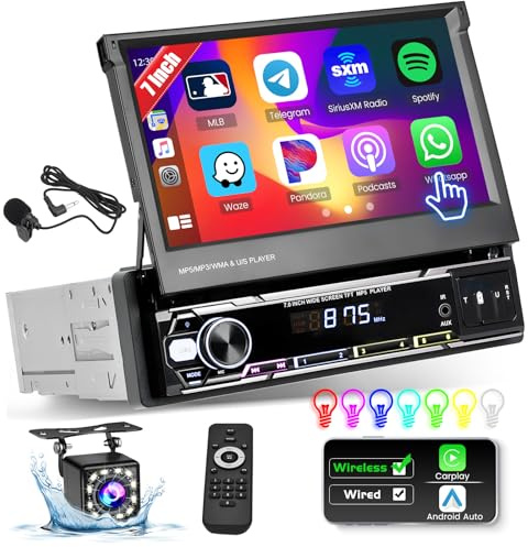 Hikity Autoradio 1Din Wireless Carplay mit Ausfahrbar Bildschirm 7 Zoll Auto Radio 1Din mit Android Auto Bluetooth-Freisprecheinrichtung FM AUX TF USB SWC Mirror Link Rückfahrkamera