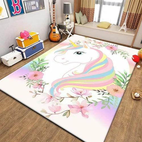 Kinderteppich Einhorn-Tier-Pferd-Cartoon - Kurzflor Teppich Kinderzimmer Spielteppich Antiallergen Und Extra Weich - Babyzimmer Teppiche Für Junge Und Mädchen Babyteppich 80 X 160 cm -8H8J7Z9A1F6A1