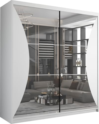 MN Furniture Double Mirror Sliding Door Wardrobe | MDF Chipboard | Full Length Mirror | Shelves & Hanging Rails | Grey Black or White | 150cm & 203cm | Bedroom Wardrobe (White, 150)