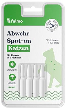 felmo Abwehr Spot-on für Katzen (4x1ml) gegen Zecken, Flöhe & Mücken | Mit Margosa-Extrakt und Geraniol zur natürlichen Prävention, ohne Chemie