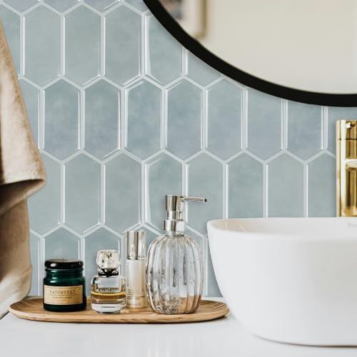 Alwayspon 10 Sheet 12''x12inch Light Grey Blue 3D Vinyl Wall Tile Sticker Transfers, Peel and Stick Self-Adhesive Waterproof Splashback Stick on Tile Decals for Kitchen Bathroom Wall
