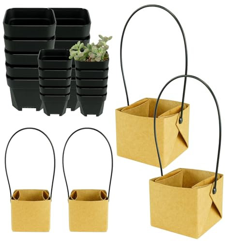 KFAREJGOAE 20 Sets winziger Sukkulententententopf und Kraftpapiertüte, 5,1 cm und 8 cm, Kunststoff-Pflanztöpfe mit Drainageloch, wasserdichte Kraftverpackungen für Sukkulenten, Dekoration