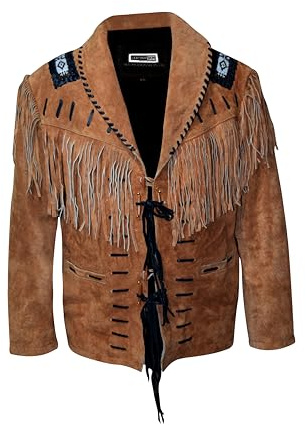 Rumble Products Veste de cowboy traditionnelle pour homme en daim marron avec franges et perles, marron, Medium