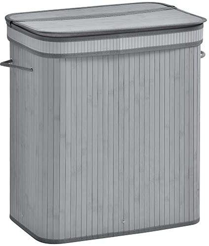 HOMCOM Bambus Wäschekorb schmal mit Deckel 100 L Wäschesammler mit Griffen, herausnehmbarer Wäschesack, Laundry Baskets für Waschküche Schlafzimmer Badezimmer Grau