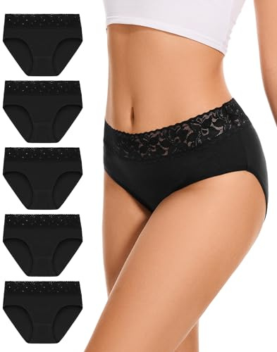 Unterhosen Damen 5er Pack, Hipster Baumwolle Unterwäsche Frauen Mittlere Taille Spitze Weich Atmugsaktiv Slip Stretch Pantis(S-XL) (DE/NL/SE/PL, Alphanumerisch, S, Regular, Regular, Schwarz)