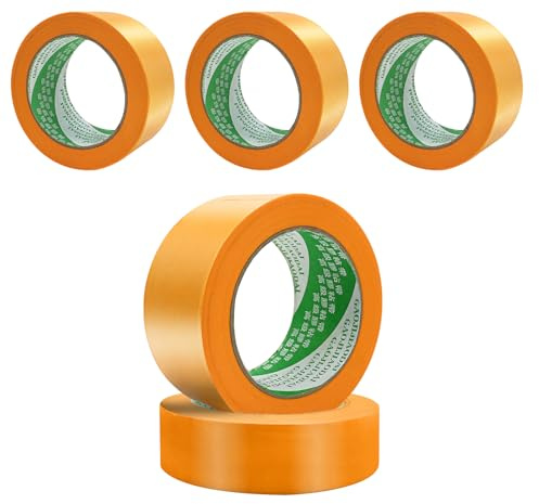 iMeshbean Goldband Malerkrepp 50mm x 50m 5 Rollen, Abklebeband Maler Klebeband Profi Kreppband Soft Tape, Papiertape Selbstklebend Masking Tape (5 Rollen 50mm x 50m)