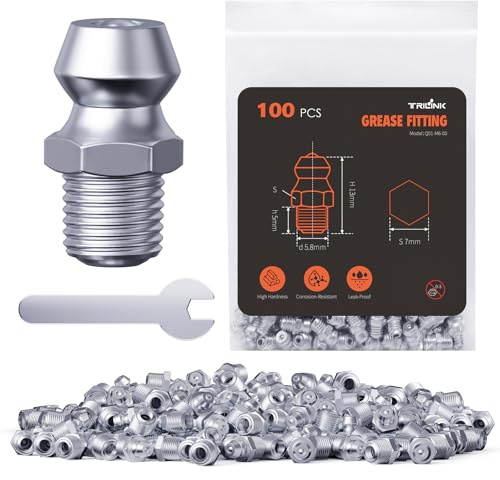 TRILINK Ingrassatori Testine M6, Ingrassatore Metrici con Angoli Dritti, Kit di Ingrassatori con Chiave – Ideale per Veicoli Automobilistici, Agricoli e Macchinari Industriali (100 Pezzi)