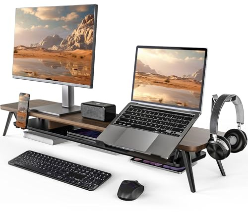 Fenge Monitor Stand Riser for 2 Monitors 108CM Large Computer Monitor Stands with Adjustable Laptop Riser, Desk Organizer with Pad/Headphone Holder, Max Load 50KG (Brown)