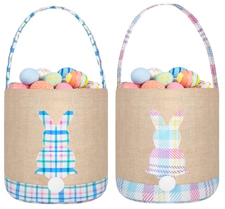 Easter Basket 2 Pcs Bunny Bags Canvas Egg Hunt Baskets for Easter Egg Hunts Decorations Candy Gifts Storage Reusable Grocery Bags (Blue+Pink)