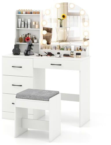 COSTWAY Dressing Table and Stool Set with 3-Color LED Lights Hollywood Mirror, Charging Station, Adjustable Brightness, Storage Shelves and 4 Drawers, Bedroom Dresser Makeup Table Vanity Desk (White)