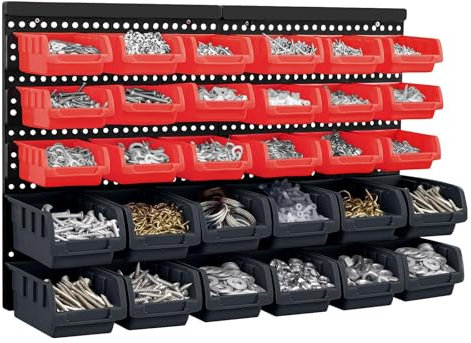 CROWNSHOP 32 PCS Wall Mounted Storage Bins Kit 64 * 41cm Garage Boxes Plastic Rack Parts Organiser Utility Kit With Stackable Boxes for Garage Workshop (Red+Black)