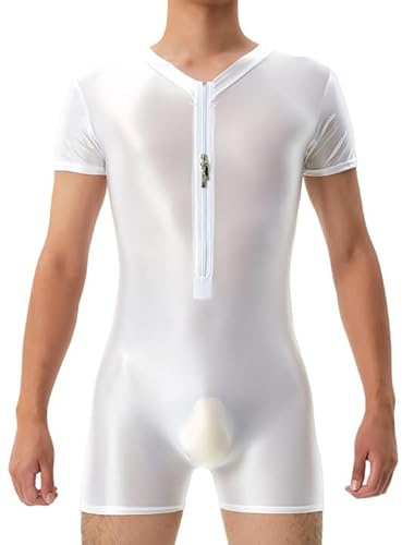Ausing Bodysuit för män, sportbodysuit bodysuit herrbodysuit shapewear, jumpsuit, herr, glänsande overall, herr, dans-trikå, kortärmad, bodysuit, Vitt och blått, M