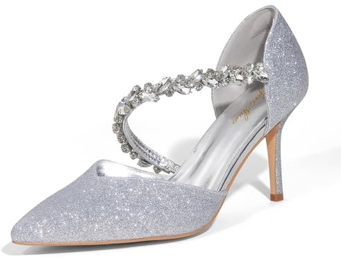 GENSHUO Dampumps med pärldekorerad spännrem stilett 9 cm klack spets avsmalnande tåområde bröllopsfest skor, 36–42 EU, Silverglitter, 42 EU