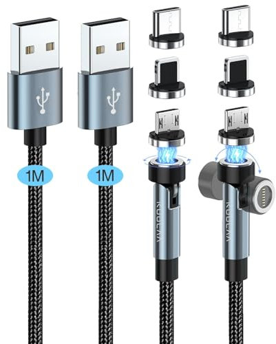 Kuulaa 3 in 1 Magnetisches Ladekabel, [2 Stück, 1M+1M] 540° Drehen Kabel Magnetisch, 3A Schnelllade & 480Mbps Datenübertragungs Magnet Ladekabel für USB C/iPhone/Micro USB