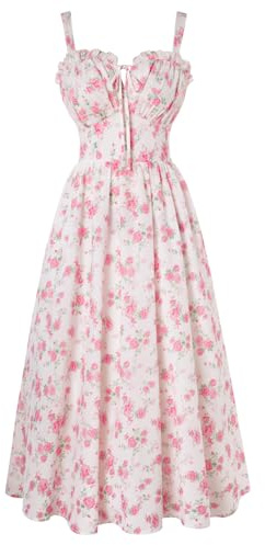 SCARLET DARKNESS Women's White Pink Roses Boho Dresses Tie Front Ruffle Sleeveless A-Line Maxi Flowy Casual Summer Dress for Beach XL