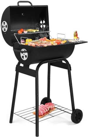 LEADZM Barbecue Charbon de Bois avec grande grille de cuisson，Voiture barbecue mobile - Fumoir en métal pour jardin et terrasse - avec table d'appoint et thermostat (103 x 52 x 86 cm)