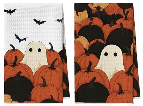 Artoid Mode Set 2 Strofinacci da Cucina Halloween Zucche Fantasmi 42x65cm | Asciugamani Poliestere Stagionali Decorazione Cucina