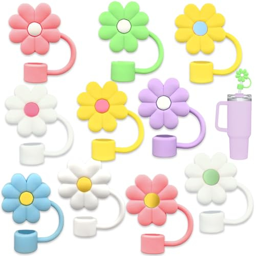 10 Piezas Cubierta de Paja de Silicona,Cubiertas de Pajitas,Tapas De Paja De Silicona De Flores,Accesorios De Paja, Lindos Gorros De Paja Creativos,Cubiertas De Paja A Prueba De Fugas