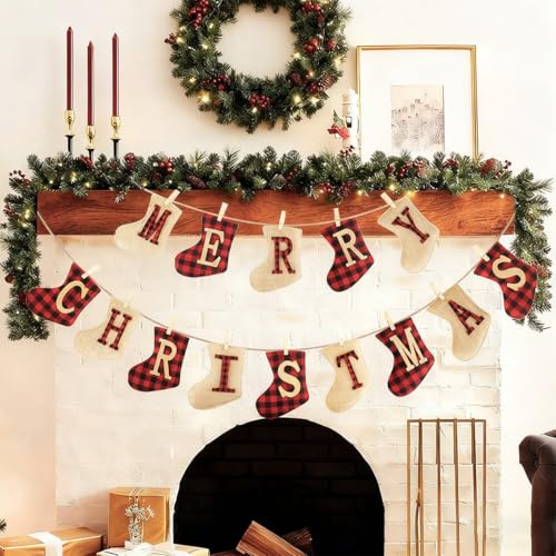 AUMAYCO 3D Weihnachtsbanner mit Sockenmuster, Hängende Weihnachtsfahne, Merry Christmas Girlande, 14-teilig Socken-Form Banner mit Clips für Weihnachtsfeiern Kamindekoration Außen Neues Jahr Party