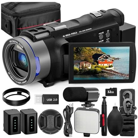 Caméscope 4K avec caméra de vlogging 48 MP, Wi-FI et contrôle par Application, enregistreur vidéo avec autonomie 3X, Zoom 16X