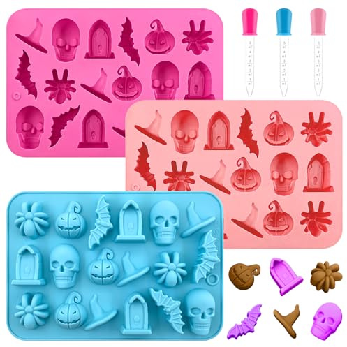 Lets Joy Moule à Chocolat D'Halloween, 3 Pièces Moule en Silicone Halloween avec 3 Compte-Gouttes, Moules à chocolat en Silicone pour Gelées, Bonbons Chocolats