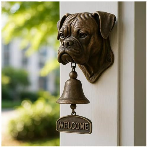 Hunde Willkommen Glocke, Rustikale Vintage Messing Haustürglocke mit lebensechter Hundeskulptur, Wandmontierte Dinner Bell für Haus Gartentor Ladeneingang Terrasse Außen Türglocke Wetterfest, Boxer