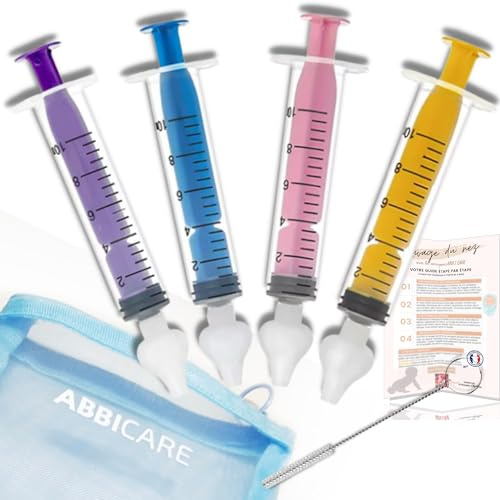 Mouche bébé seringue nasale 10ml ABBICARE™ sans BPA-CE | Kit 4 seringues colorées avec embouts silicone souple + 1 goupillon de nettoyage et guide conseil | Soin nasal puericulture serum physiologique