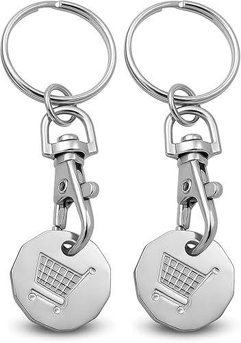Navoys 2 Reusable Trolley Coins – 12-Sided UK Pound Token Key Ring for Shopping Trolleys & Gym Lockers, Durable Metal Design with Secure Key Clip Attachment