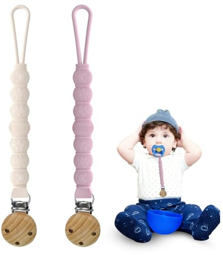2 Stück Schnullerkette aus Silikon, Schnullerkette, Schnullerhalter mit Clip aus natürlichem Buchenholz, hell für Babys und Kinder (Beige und Rosa)