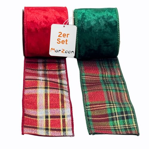 2er Set Samt Dekoband 6×270 cm Grün & Rot Drahtband Karomuster Effektgarn | Außen unifarben, Innen Karo, Glanzeffekt Garn, stabile Ränder, für voluminöse Schleifen, Advent, Weihnachten, Geschenke, DIY