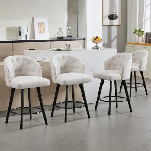 KHISCHMO Barhocker 4er Set Barstuhl aus Leinen 360° Drehbar mit Holzrahmen Frühstück Barstühle für Esszimmer Armlose Tresenhocker für Küchentheke Bar, Beige