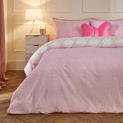 OHS Lattice Bow Bedding, for Women Super Soft Warm Cosy Bow Print Girls King Duvet Cover Sets Comfy Microfibre Reversible King Size Bedding Set with Pillowcases, Pink/White